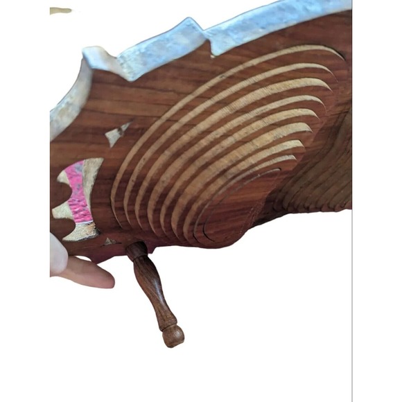 Vintage Wood Coil Carved Bowl Expandable Primitive Decor Footed Double - Picture 4 of 8